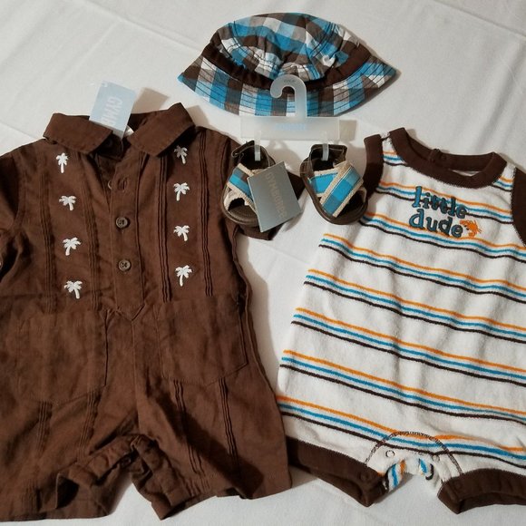 Gymboree Little Surfer Dude 0-3 Month 2 Rompers size 01 sandals & 3-6 month Hat - Picture 1 of 5